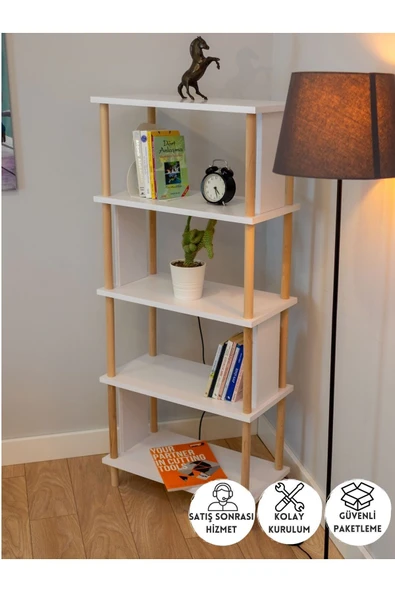 PEKA 5 Raflı Modern Dekoratif Kitaplık Klasörlük Mutfak Rafı Kiler Çok Amaçlı Düzenleyici Raf - Beyaz ürün görseli 1
