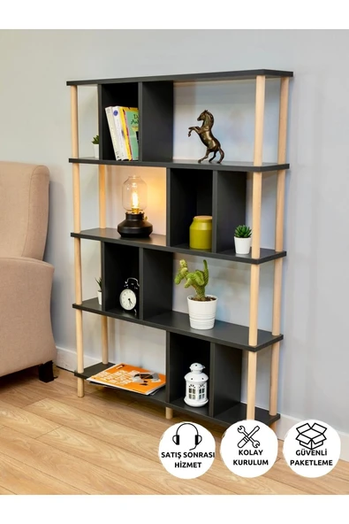 PEKA 5 Raflı Modern Dekoratif Kitaplık Klasörlük Mutfak Rafı Kiler Çok Amaçlı Düzenleyici Raf - Antrasit ürün görseli 1