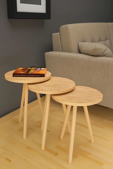 PEKA Zigon Sehpa Doğal Ahşap Ayaklı 3’lü Set Yuvarlak ürün görseli 1