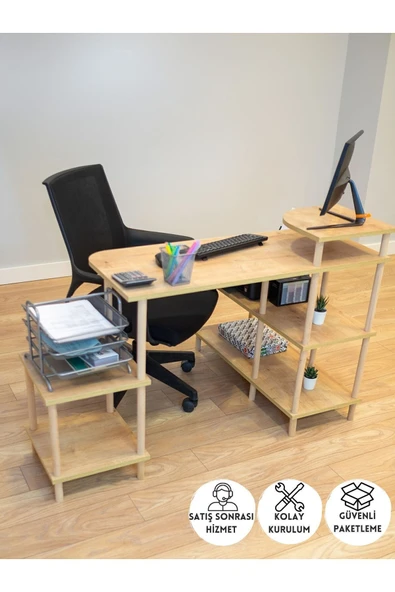 PEKA Çalışma Masası 5 Raflı Ahşap Ayaklı Dekoratif Modern Bilgisayar Ofis Masası - Safir Meşe-köşe ürün görseli
