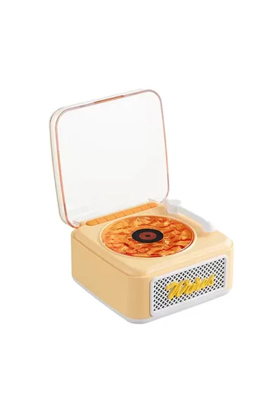 Nostalji Mini Plak Görünümlü Radyolu Bluetooth Hoparlör 3d Ses Dalgası Retro Müzik Plak Sarı - 1