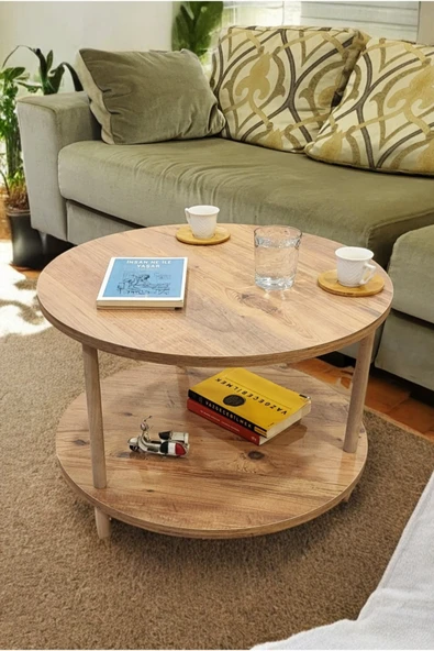 PEKA Yuvarlak Orta Sehpa Ahşap Ayaklı Sehpa Iki Raflı Sehpa Dekoratif Sehpa Gazetelikli - Çam -60cm ürün görseli 1