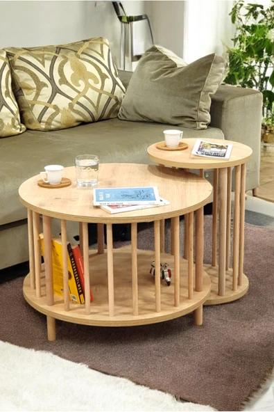 PEKA İkili Set Yuvarlak Orta Sehpa Ahşap Ayaklı Sehpa Iki Raflı Sehpa Dekoratif Sehpa Gazetelikli - Resim 3