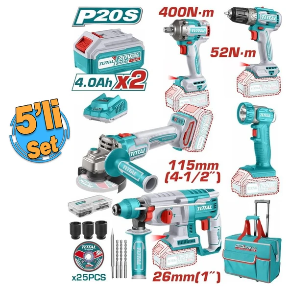 Total Akülü 5'li Set El Feneri Avuç Taşlama Vidalama Darbeli Kırıcı Delici Matkap Somun Sıkma Sökme - Resim 2