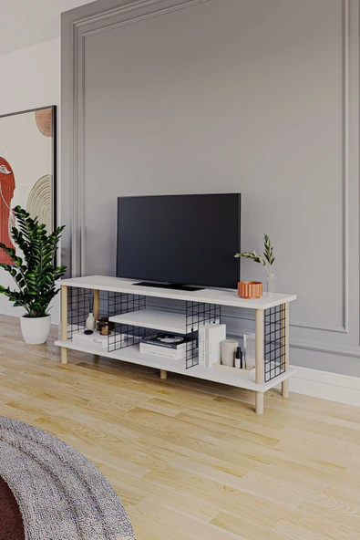 PEKA Tv Sehpası Raflı Tv Ünitesi Televizyon Sehpası Ahşap Ayaklı Metal Bölmeli - Beyaz ürün görseli 1