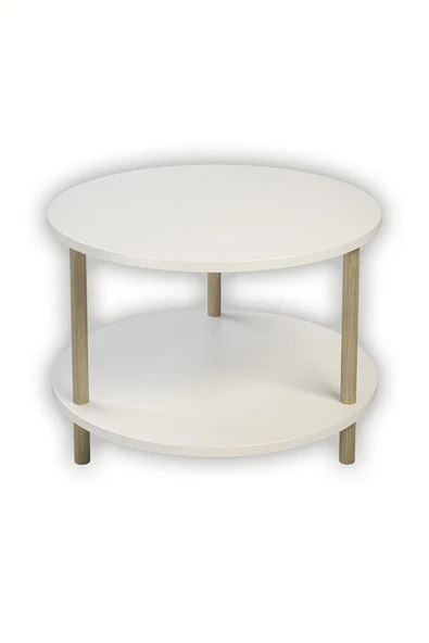 PEKA Yuvarlak Orta Sehpa Ahşap Ayaklı Sehpa Iki Raflı Sehpa Dekoratif Sehpa Gazetelikli - Beyaz - 60cm - Resim 4