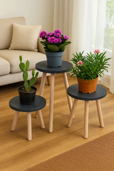 PEKA Ahşap Ayaklı 3’lü Saksılık Dekoratif Raf Çiçeklik Saksı Çiçek Standı ürün görseli 1