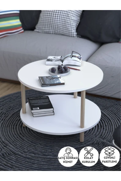 PEKA Yuvarlak Orta Sehpa Ahşap Ayaklı Sehpa Iki Raflı Sehpa Dekoratif Sehpa Gazetelikli - Beyaz - 60cm ürün görseli 1
