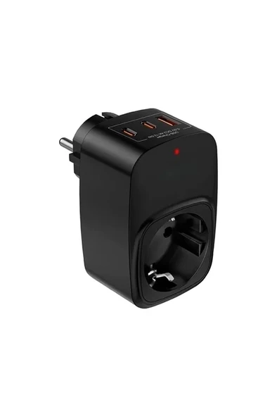 Tekli Yüksek Voltaj Korumalı Duvar Prizi 2x Type-c 1x Usb Çıkışlı Priz Grup Priz Çoğaltıcı Siyah - 1