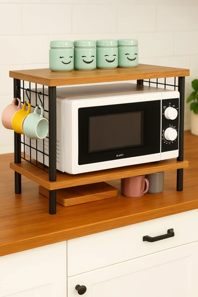 PEKA Huzurlu Mutfak Rafı Mikrodalga Rafı Tezgah Üstü Raf Baharatlık 2 Raflı Düzenleyici Kanca Hediyeli ürün görseli