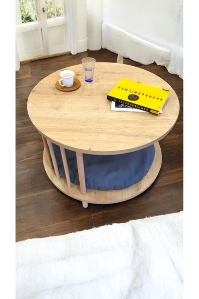 PEKA Kedi Köpek Yuvalı Yuvarlak Orta Sehpa Ahşap Ayaklı Sehpa Iki Raflı Sehpa Dekoratif Sehpa Gazetelikli - Resim 2