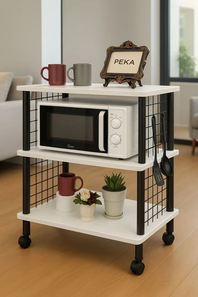 PEKA Çevir Kur Tekerlekli 3 Raflı Çok Amaçlı Dolap Yan Sehpa Servis Sunum Sehpası ürün görseli