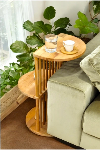 PEKA Lüx Naturel Ahşap Yan Sehpa 3 Raflı Yan Sehpa Ahşap Koltuk Sehpası - Resim 2