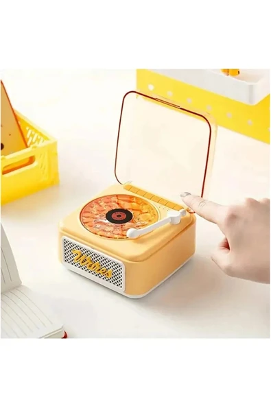 Nostalji Mini Plak Görünümlü Radyolu Bluetooth Hoparlör 3d Ses Dalgası Retro Müzik Plak Sarı - 2