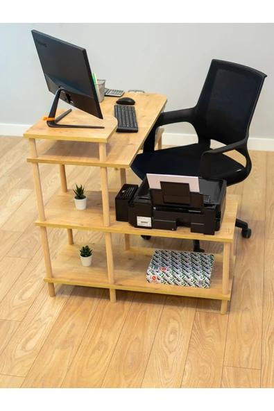 PEKA Çalışma Masası 5 Raflı Ahşap Ayaklı Dekoratif Modern Bilgisayar Ofis Masası - Safir Meşe-köşe - Resim 2