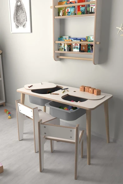 PEKA Çocuk Oyun Ve Aktivite Masası - 2 Sandalye - Gri Sepetli - Resim 3