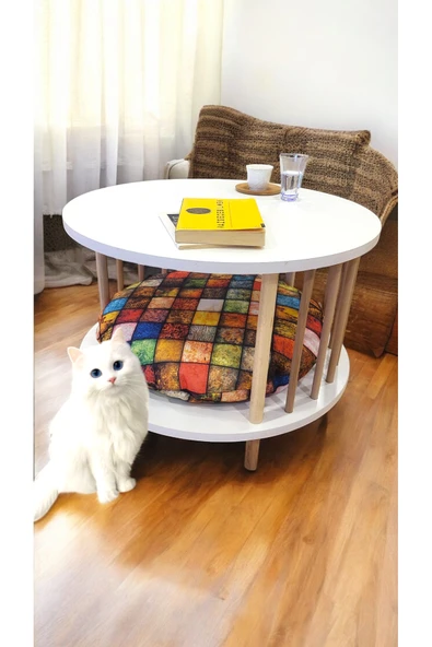 PEKA Kedi Köpek Yuvalı Yuvarlak Orta Sehpa Ahşap Ayaklı Sehpa Iki Raflı Sehpa Dekoratif Sehpa Gazetelikli ürün görseli 1