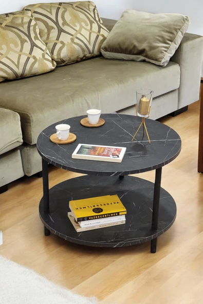 PEKA Yuvarlak Orta Sehpa Ahşap Ayaklı Sehpa Iki Raflı Sehpa Dekoratif Sehpa Gazetelikli-Mermer-60cm ürün görseli 1