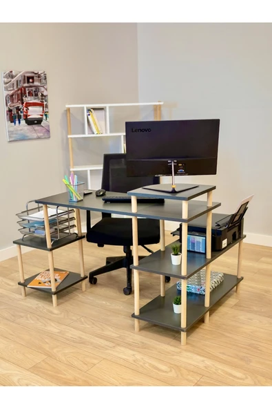 PEKA Çalışma Masası 5 Raflı Ahşap Ayaklı Dekoratif Modern Bilgisayar Ofis Masası - Antrasit - Köşe - Resim 2