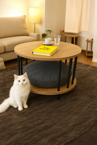 PEKA Çevir Kur Kedi Yuvalı Yuvarlak Orta Sehpa Ahşap Ayaklı Iki Raflı Dekoratif Sehpa ürün görseli 1