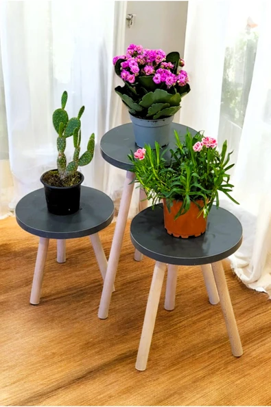 PEKA Ahşap Ayaklı 3’lü Saksılık Dekoratif Raf Çiçeklik Saksı Çiçek Standı - Resim 2