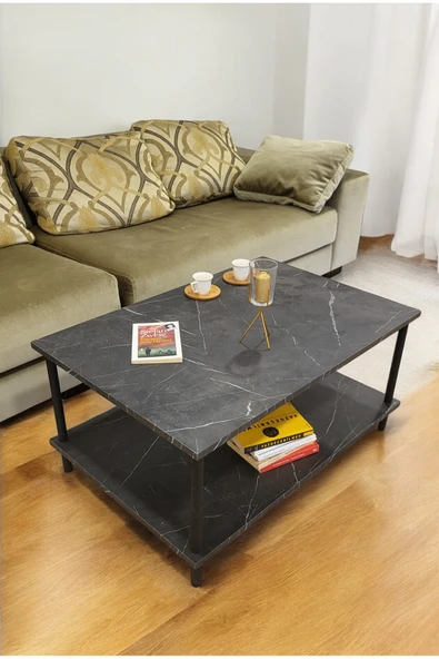 PEKA Dikdörgen Orta Sehpa Ahşap Ayaklı Sehpa Iki Raflı Sehpa Dekoratif Sehpa Gazetelikli-Mermer-90x60 ürün görseli 1