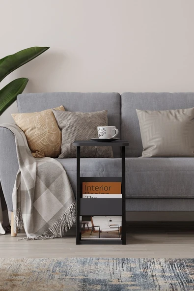 PEKA C Sehpa Metal Ayaklı Koltuk Sehpası Yan Sehpa Zigon Sehpa Servis Sehpası Gazetelikli - Antrasit - Resim 3