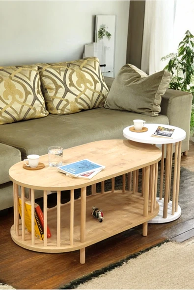 PEKA İkili Set Orta Sehpa Ahşap Ayaklı Sehpa iki Raflı Sehpa Dekoratif Sehpa Gazetelikli ürün görseli 1