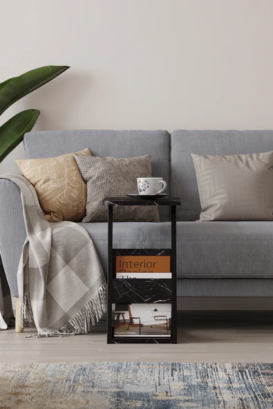 PEKA C Sehpa Metal Ayaklı Koltuk Sehpası Yan Sehpa Zigon Sehpa Servis Sehpası - Siyah Mermer - Resim 3