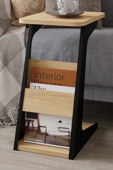 PEKA C Sehpa Metal Ayaklı Koltuk Sehpası Yan Sehpa Zigon Sehpa Servis Sehpası Gazetelikli - Safir Meşe - Resim 2