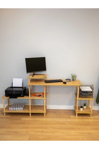 PEKA Çalışma Masası 5 Raflı Ahşap Ayaklı Dekoratif Modern Bilgisayar Ofis Masası - Safir Meşe-köşe - Resim 3