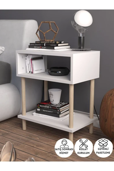 PEKA 2 Raflı Modern Komodin Yatak Odası Başucu Düzenleyici Ahşap Ayaklı Yan Sehpa - Beyaz - 1
