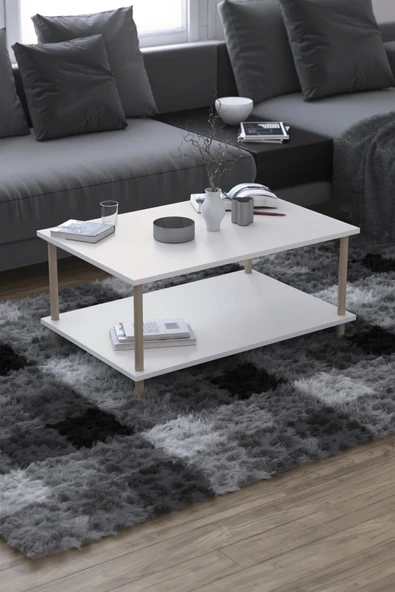 PEKA Dikdörgen Orta Sehpa Ahşap Ayaklı Sehpa Iki Raflı Sehpa Dekoratif Sehpa Gazetelikli-beyaz-90cmx60cm - 2