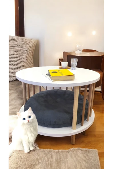 PEKA Kedi Köpek Yuvalı Yuvarlak Orta Sehpa Ahşap Ayaklı Sehpa Iki Raflı Sehpa Dekoratif Sehpa Gazetelikli - 1