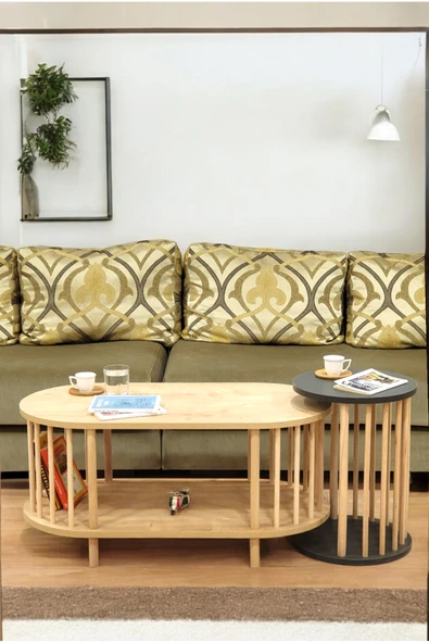 PEKA İkili Set Orta Sehpa Ahşap Ayaklı Sehpa iki Raflı Sehpa Dekoratif Sehpa Gazetelikli - Resim 2