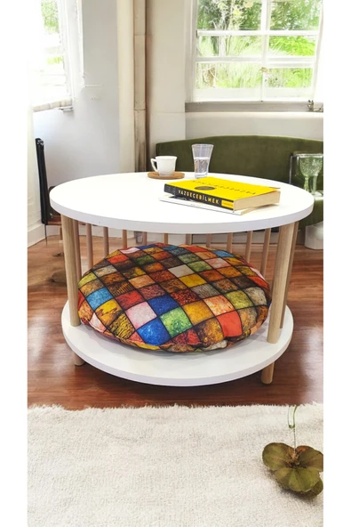 PEKA Kedi Köpek Yuvalı Yuvarlak Orta Sehpa Ahşap Ayaklı Sehpa Iki Raflı Sehpa Dekoratif Sehpa Gazetelikli - Resim 4