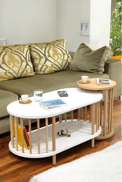 PEKA İkili Set Orta Sehpa Ahşap Ayaklı Sehpa iki Raflı Sehpa Dekoratif Sehpa Gazetelikli ürün görseli 1