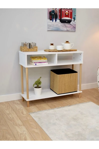 PEKA Ahşap Ayaklı Dresuar Dekoratif Raflı Kahve Köşesi Konsol Modern Çok Amaçlı Raf - Beyaz - Resim 2