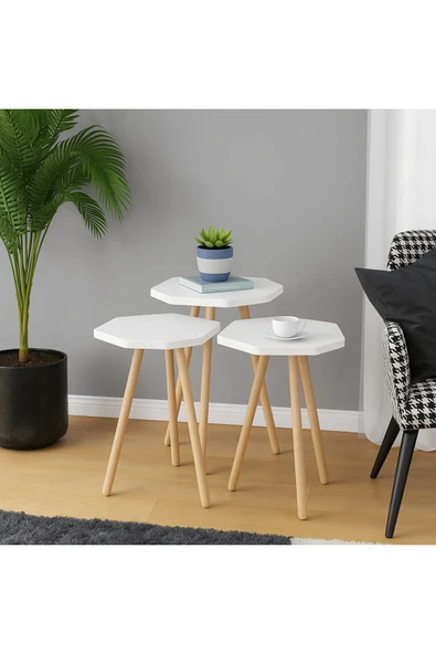 PEKA Zigon Sehpa Doğal Ahşap Ayaklı 3’lü Set Altıgen ürün görseli 1