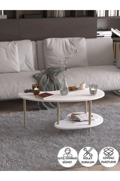 PEKA Fasülye Orta Sehpa Ahşap Ayaklı Sehpa Iki Raflı Sehpa Dekoratif Sehpa Gazetelikli - Beyaz ürün görseli 1