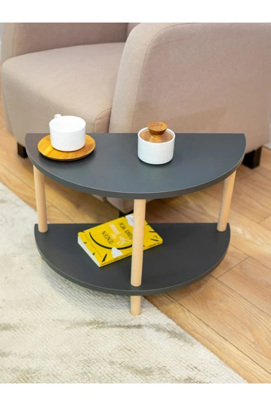 PEKA Yarım Daire Yan Sehpa - Salon - Oturma Odası Zigon Sehpa - Antrasit - Resim 2