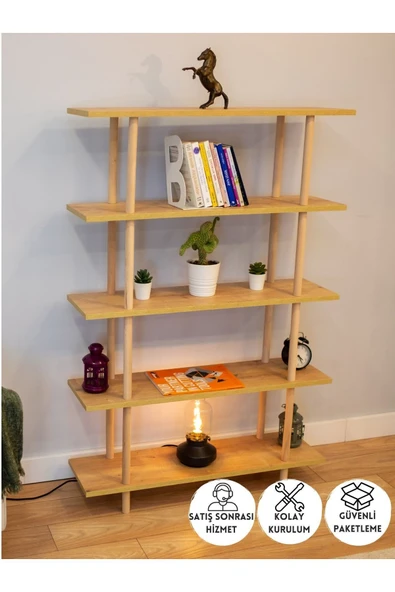 PEKA 5 Raflı Modern Dekoratif Kitaplık Klasörlük Mutfak Rafı Kiler Çok Amaçlı Düzenleyici Raf- Safir Meşe ürün görseli 1