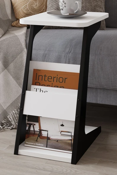 PEKA C Sehpa Metal Ayaklı Koltuk Sehpası Yan Sehpa Zigon Sehpa Servis Sehpası Gazetelikli - Beyaz - Resim 2