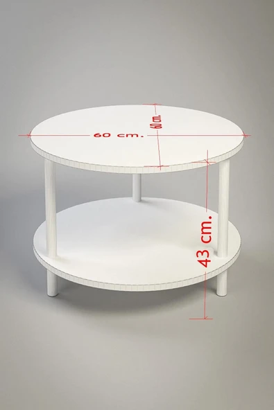 PEKA Yuvarlak Orta Sehpa Ahşap Ayaklı Sehpa Iki Raflı Sehpa Dekoratif Sehpa Gazetelikli - Beyaz - 60cm - Resim 5