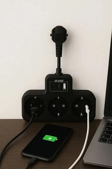 Çoklu Kablolu Priz Yüksek Gerilim Korumalı 3’lü Priz 1x Usb 2x Type-c Çıkışlı Grup Priz Çoğaltıcı Siyah - 2