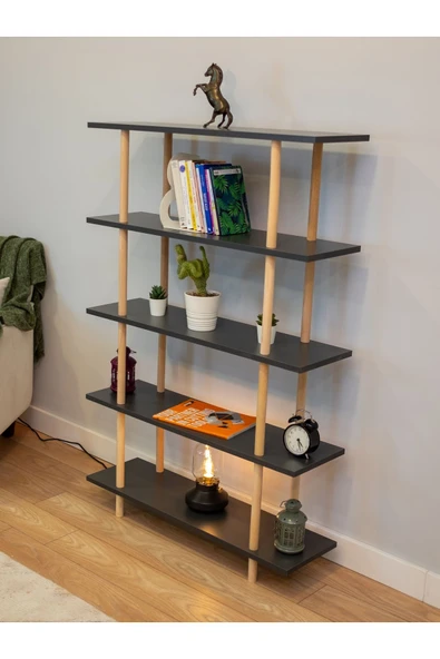 PEKA 5 Raflı Modern Dekoratif Kitaplık Klasörlük Mutfak Rafı Kiler Çok Amaçlı Düzenleyici Raf - Antrasit - Resim 2