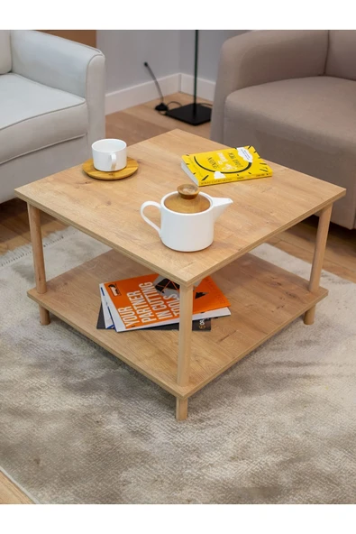 PEKA Kare Orta Sehpa Ahşap Ayaklı Sehpa Iki Raflı Sehpa Dekoratif Sehpa Gazetelikli - Safir Meşe-60x60 - Resim 2