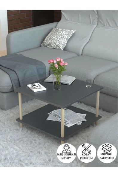 PEKA Kare Orta Sehpa Ahşap Ayaklı Sehpa Iki Raflı Sehpa Dekoratif Sehpa Gazetelikli-antrasit - 60x60 ürün görseli 1