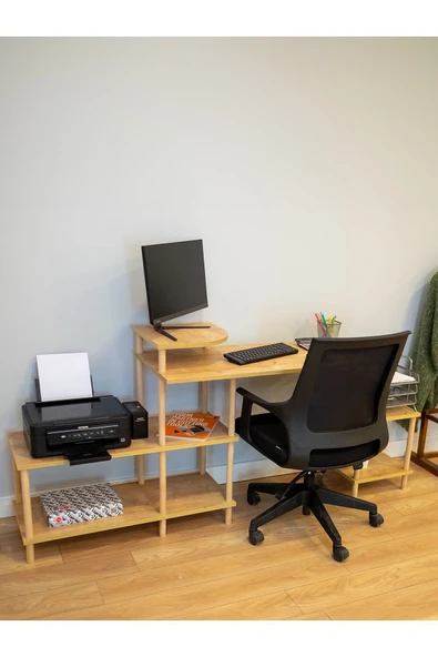 PEKA Çalışma Masası 5 Raflı Ahşap Ayaklı Dekoratif Modern Bilgisayar Ofis Masası - Safir Meşe-köşe - Resim 6