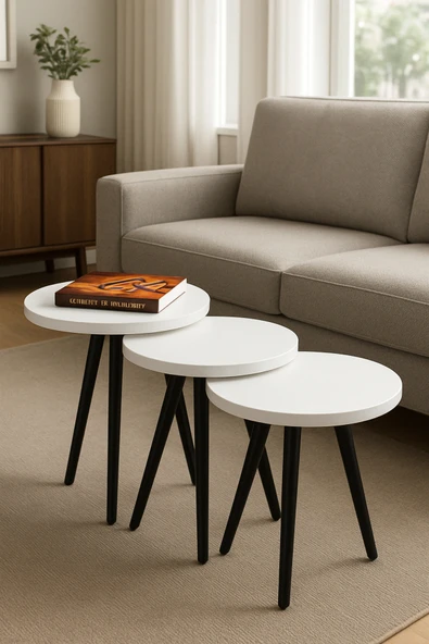 PEKA Çevir Kur Kaliteli Zigon Sehpa Doğal Siyah Ahşap Ayaklı 3 lü Set Yuvarlak Yan Sehpa ürün görseli 1